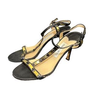 Jimmy Choo Shoes Black Stiletto‎ Leather T Strap Gold Bars Size 39.5 US 9.5